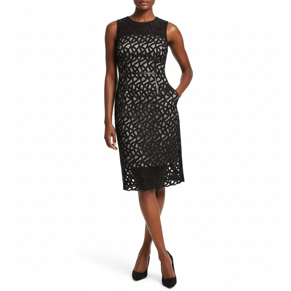Vince Camuto Women Dress Lattice Embroidered Faux Leather Trim Cocktail Luxe 8